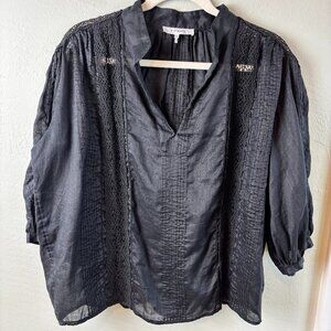 FRAME Black Ramie Lace Pintuck Blouse Size L